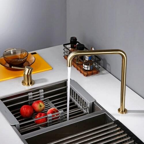 Brush Gold Sdolid Brass Single Handle Kitchen Mixer Tap 360 Degree Swivel Spout Brushed Gold 2 Hole Deck Mounted Sink Faucet