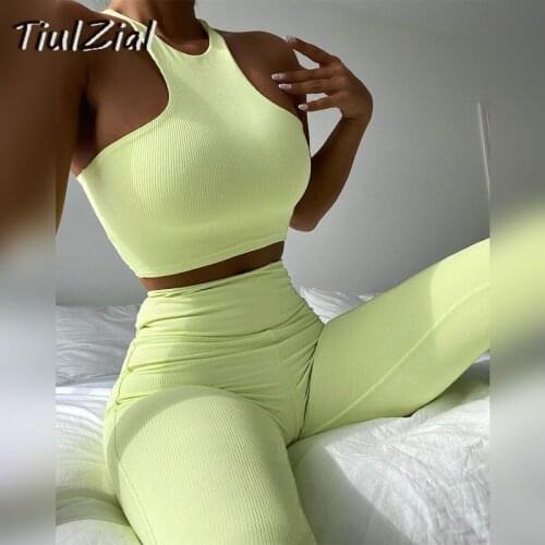 TiulZial Sportswear Pant Women Set Off Shoulder Top And High Waist Pant Ribbed Knitted Tracksuit Casual Two Piece Outfits Suit