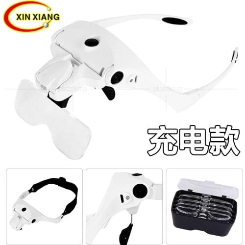 Hands Free Headband Magnifying Glass, USB Charging Head Magnifier with LED Light Jewelry Craft Watch Hobby 5 Lenses 1.0X 1.5X 2