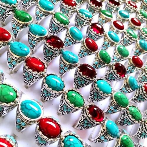 25pcs/lot Vintage Womens Color Mix Stone Silver Charm Rings Woman Retro Turquoise Fashion Ring Wholesale Jewelry