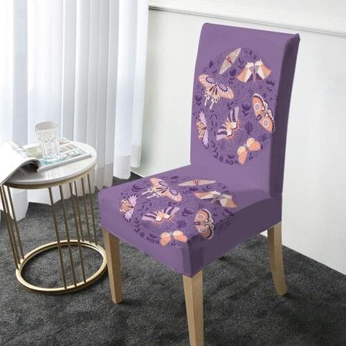 Purple Butterfly Print Chair Cover Elastic Dining Chair Protector Cover Washable Slipcover Christmas Banquet Party Home Decor