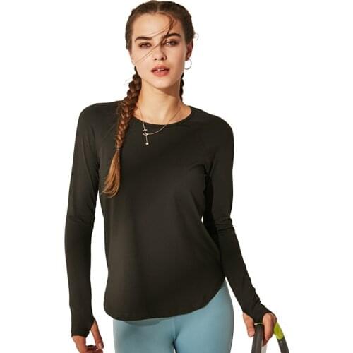 Womens Workout Yoga Long Sleeve T-Shirts With Thumb Holes Polyester Quick-dry Athletic Running Shirts Slim Fitness Sport Top