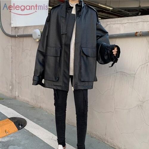 Aelegantmis Korean Oversized Loose Leather Jacket Women Vintage Drawstring Design High Street Black Leather Coats Pu Moto Jacket