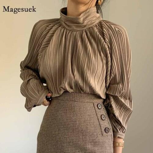 New Fashion Chic Creasing Solid Color Blouse Women Half-turtleneck Pleated Tops Autumn Loose Lantern Sleeve Shirt Blusas 12639