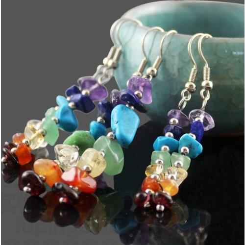 Natural Stone Earrings 7 Chakra Long Fringed Statement Drop Earrings for Women Round Beads Reiki Healing Jewelry gift for women