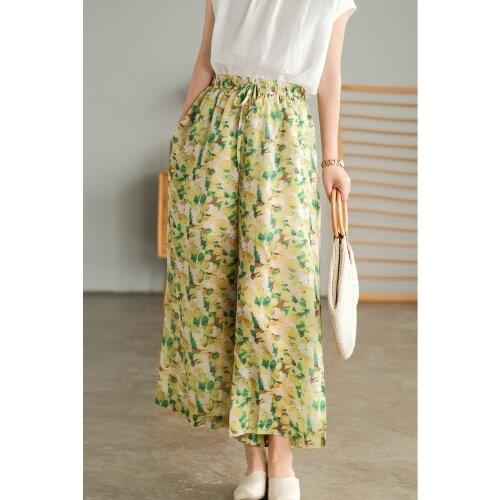 Summer Pants Womne New Sweet Style Loose Print Elastic Waist Drawstring Female Chiffon Ankle-Length Wide Leg Pants Fashion