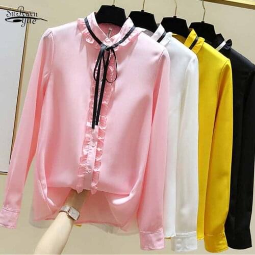 Bow Tie Women O-neck Solid Splicing Cardigan Tops Slim Shirts Early Autumn Long Sleeve Chiffon Blouse Blusas Mujer De Moda 11512