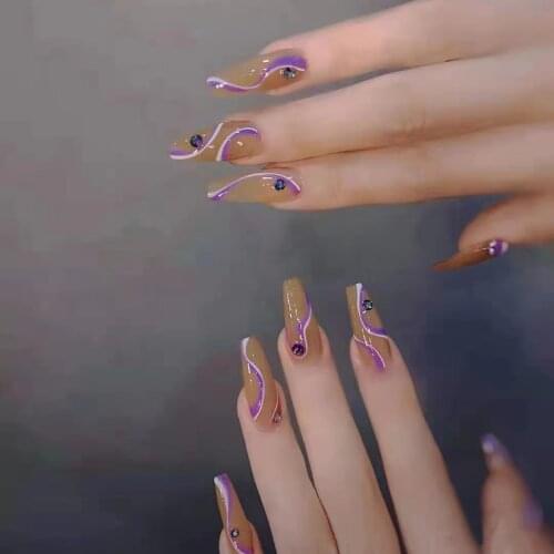 24pcs Purple Lines Nail Patch Glue Type Removable Long Paragraph Fashion Manicure Save Time False Nail Patch Fake Nails