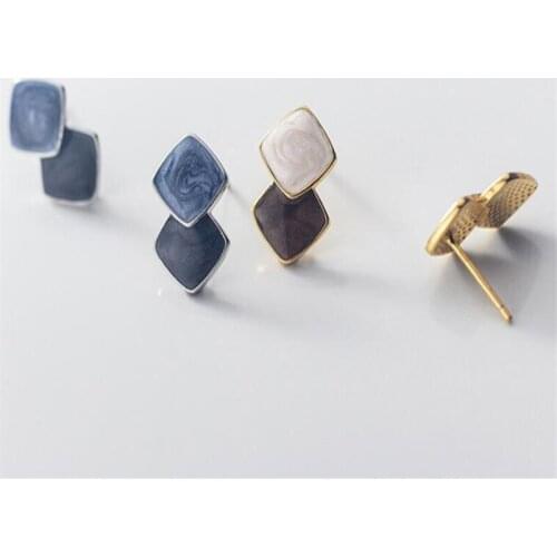 925 Sterling Silver Enamel Korean Stud Earrings for Women Trendy Jewelry Classic Geometric Square Earring Aretes De Mujer