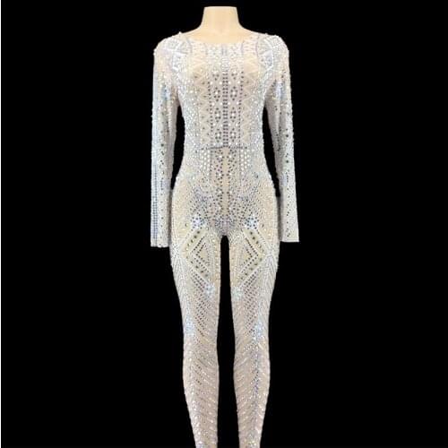 Sparkly Crystals Jumpsuit Sexy Stones Stretch Bodysuit Womens Stage Performance Celebrate luxurious Costume Dance Rompers