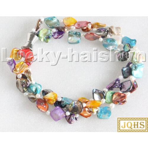 Natural 8" 3row Baroque white pearls Multicolor seashell bracelet magnet clasp c114