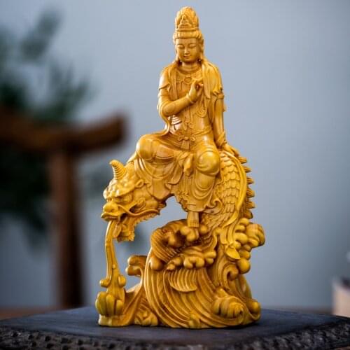 15cm Guan Yin Wood Buddha Statue Boxwood Dragon Guanyin Bodhisattva Solid Wood Sculpture Feng Shui Home Decor