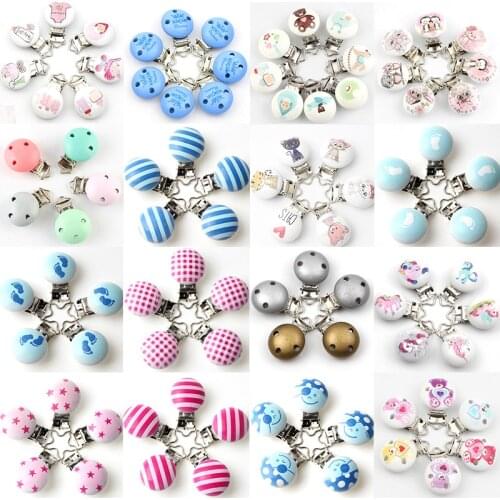 5pcs Baby Pacifier Clip Metal Wooden Cute Multiple Pattern Child Molar Chain Holder Fashion Accessories Diy Wholesale Supplies