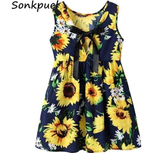 Kids Dress Summer Girl Flower Print Bowknot Back Straps Princess Dress Children Sleeveless Cotton Dresses Baby Girls Clothes
