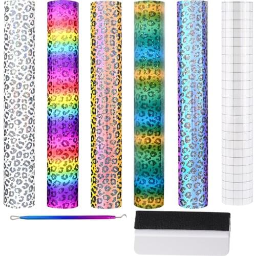 FOSHIO Holographic Leopard Pattern Adhesive Vinyl Permanent Craft Adhesive Sheets 12" x 12" Car Home Decoration Sticker Design