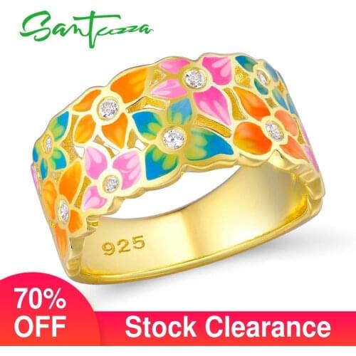 SANTUZZA 100% 925 Sterling Silver Ring For Women Gold Color Delicate Colorful Flowers Party Fine Jewelry Handmade Enamel