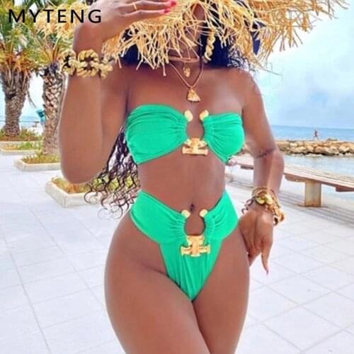 Sexy Bandeau Swimming Suit For Women High Waist Bikini Set Summer Metal Hollow Out Swimwear Beachwear Push Up Swimsuit Biqiuni
