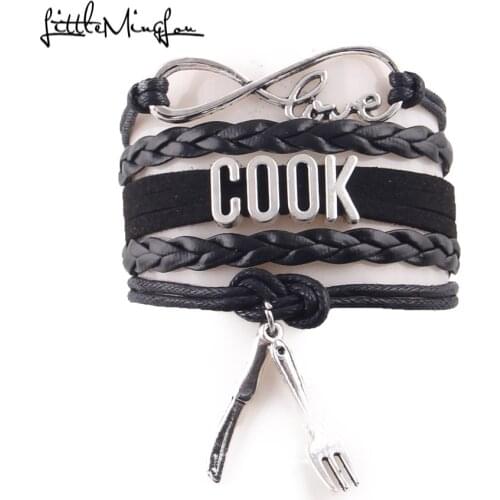 Little Minglou 5 colors Infinity Love COOK bracelet Knife fork charm leather wrap men bracelets & bangles for women jewelry