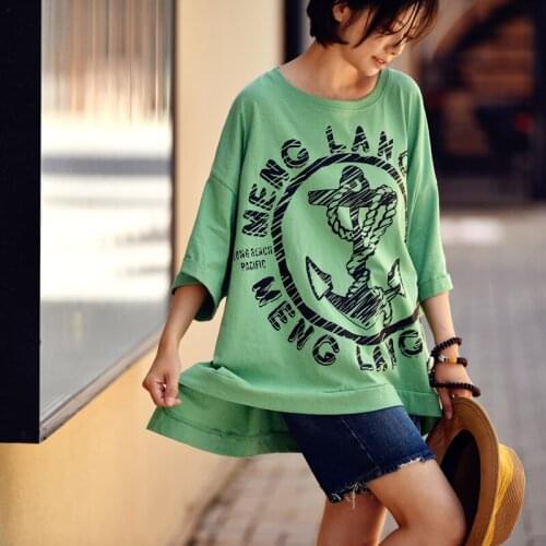 MICOCO T6333C Literature and art leisure Reduced age Oversize loose lettered print round neck and short sleeves T-shirt