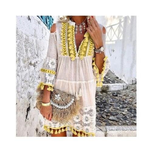 Print Off Shoulder Mini Dress Women Summer Tassel Lace Long Sleeve Boho Lady Beach Short Dress Female Loose