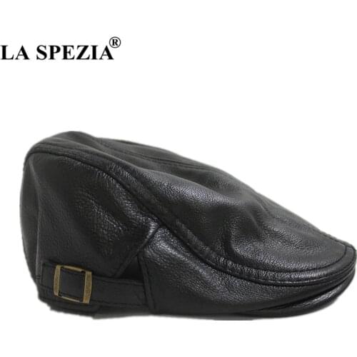 LA SPEZIA Genuine Leather Beret Hat Men Flat Cap Cowhide Real Leather Black British Vintage Autumn Winter Cowskin Male Ivy Cap