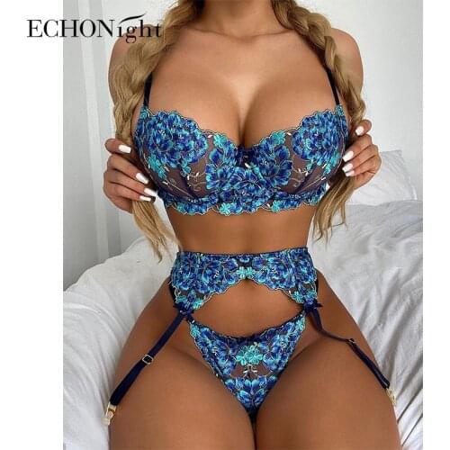 Echonight Underwear Women Lace Lingerie Set 3 piece Set Sensual Lingerie Woman Erotic Lingerie Underwire Bra Brief Sets