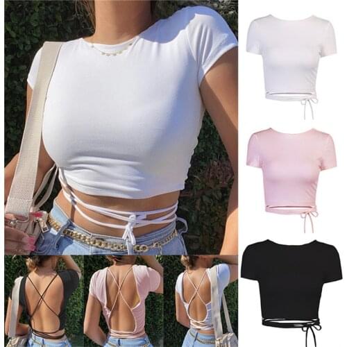 Open Back Sexy Crop Tops Summer Women Camisetas Sexys De Mujer Ladies Bandage Lace-Up Haut Femme Pullover Top Slim Halter Top