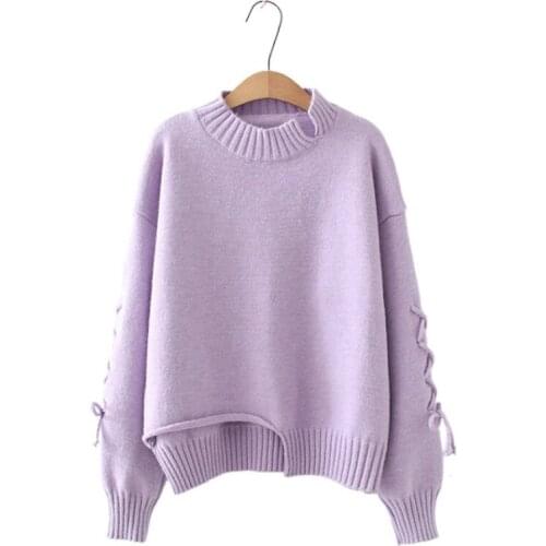 Purple Solid Loose Casual Knitted Minimalist Pullover Women Sweater 2020 Winter Pure Full Sleeve Korean Ladies Lace Up Warm Tops