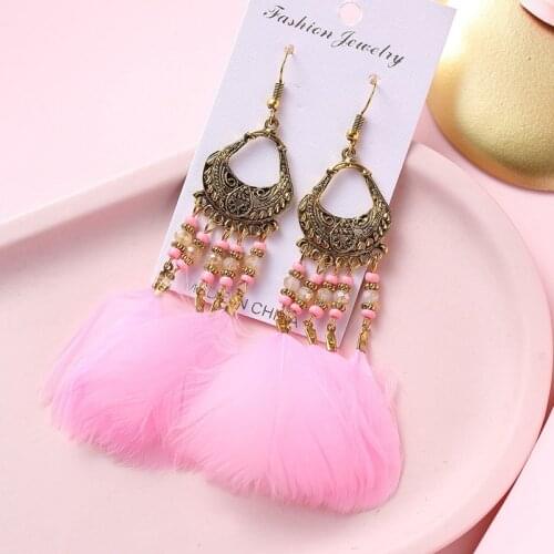 Pink Feather Earring Bohemian Summer Rice Beads Long Tassel Dangle Earrings For Women Indian Jhumka Retro Ethnic Fashion Jewelry