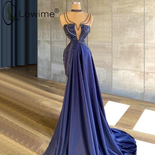 Blue Long Mermaid Evening Dresses 2021 Sexy Beading Prom Gowns Custom Made Vestiods De Fiesta