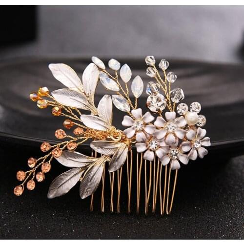 SLBRIDAL Wired Rhinestones Crystal Pearls Flower Leaf Wedding Hair Comb Bridal Headpiece Hair Accessories Bridesmaids Women