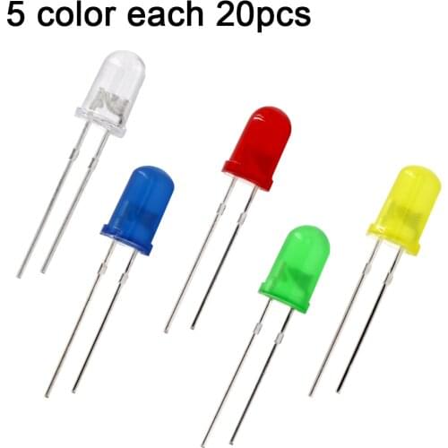 100pcs 5mm LED Diode 5 mm Assorted Kit White Green Red Blue Yellow DIY Light Emitting Diode
