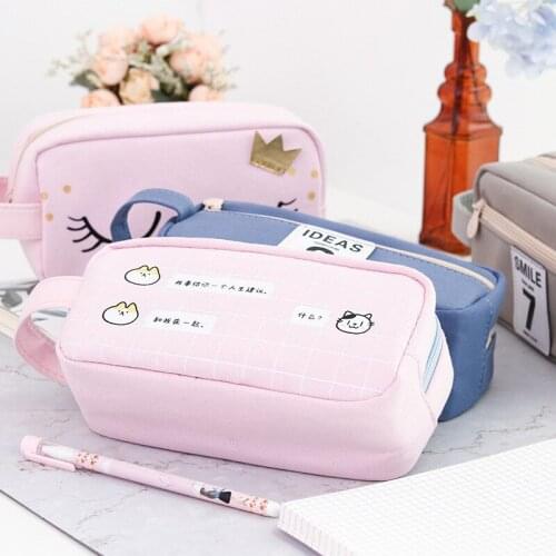 Canvas Double Layer Pencil Case Kawaii Large Capacity School Student Make Up Bag Pen Box Pouch Pencil Bags Stationery Supplies