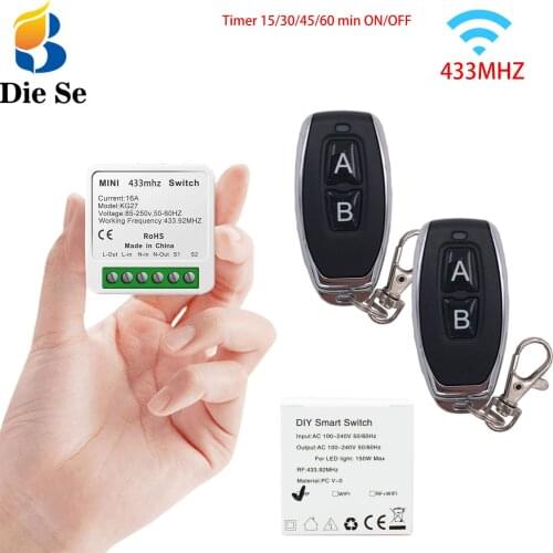 Universal Remote Control RF 433MHZ Relay Receiver Mini 16A 220V Timer Support 2 Way control,Wireless Key fob,for Home Appliance