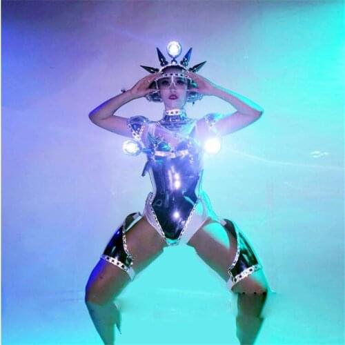 Catwalk Shows Women Robot Suit Carnival Victoria Sexy Lady Evening Dress Silver Metal Costume Dance Team Outer Space LED Costu