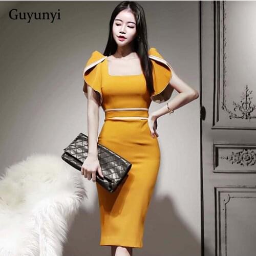 Elegant Office Lady Dress 2021 Spring Simple Lotus Leaf Sleeve Square Collar High Waist Slim Elegant Party Dress Women