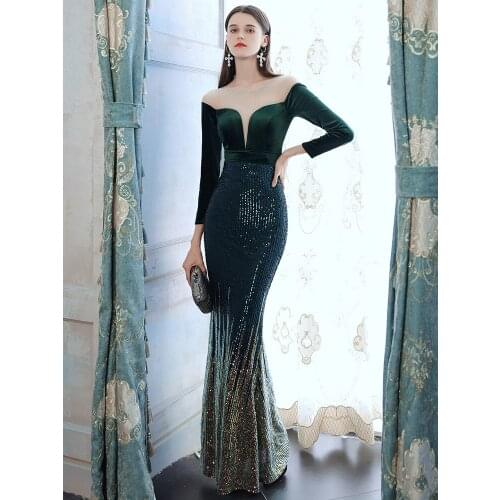 Partysix New Summer 2021 Elegant See Through Velour Evening Dress 3/4 Sleeve Sequin Evening Party Dress