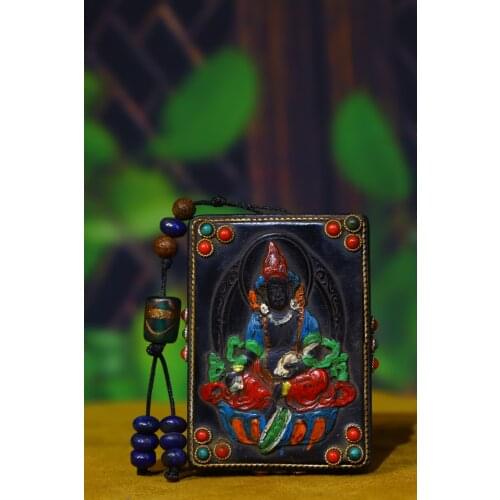 3"Tibet Buddhism Old Horns Tracing mosaic Gem Dzi Bead Yellow God of Wealth Buddha Statue Huang Caishen Pendant Amulet Exorcism