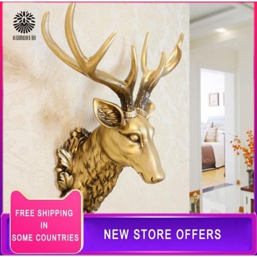 3D Deer Head Sculpture Murals Home Wall Hanging Animal Statue Decoration Resin Handmade European Village Ornament Artwork Craft
