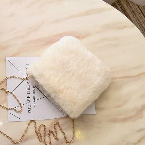 Beige Women Winter Chains Square Shaped Girls Princess Trendy Furry Faux Fur Bag Plush Crossbody Bags Casual Soft Ins Girl Bag