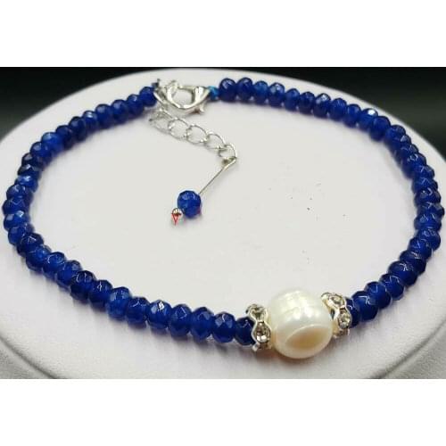Natural 2x4mm Blue Faceted Sapphire 9-10mm White Sea Pearl Bracelet 7.5