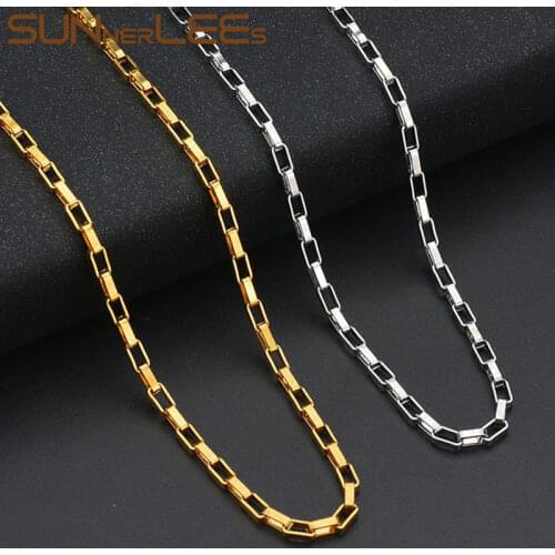 SUNNERLEES Stainless Steel Necklace Bracelet Set 4mm Geometric Box Link Chain Silver Color Gold Plated Men Women Jewelry SC04 S
