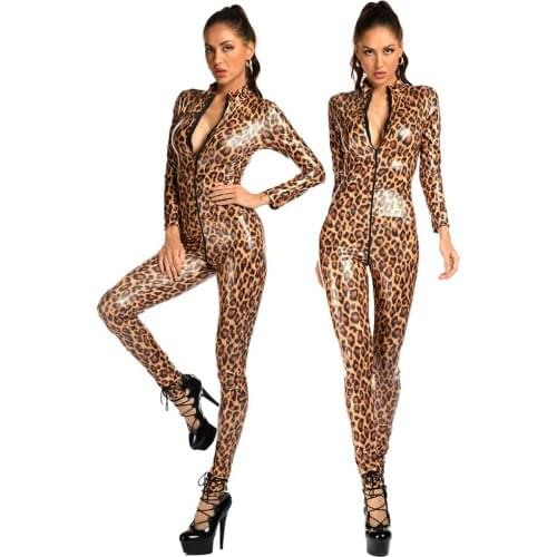 Shiny PVC Leopard Bodysuits Wet Look Faux Leather Catsuits Women Zipper Open Crotch Jumpsuits Mistress Sex Nightclub Rompers