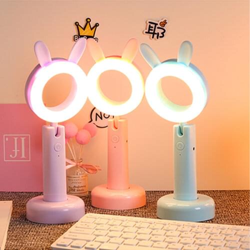 Lovely Rabbit Pink Girl Desk Lamp Night Light LED 3 Colors Fill Light Student Eye Protection Rechargeable Desk Lamp Study Gifts