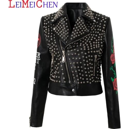 LEIMEICHEN Slim Rivet Motorcycle Leather Jackets Punk Style Plus Size PU Leather Jacket Spring New Female Rose Pattern Coat 3XL