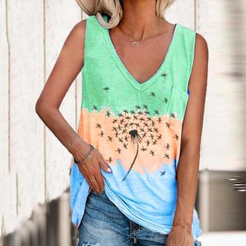 Summer Dandelion Print V-neck Vest Sleeveless Pocket Tank Top Female Fahion Off Shoulder Tie Dye Tops New Womens ClothingD30