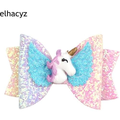 Cute 3.5" Chunky Glitter Hair Bow For Kids Cute Unicorn Wings Hairpins Rainbow Girls Hair Clip Handmade Child Hair Accessories