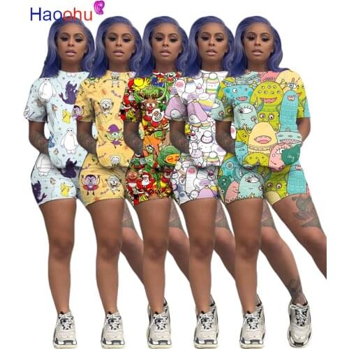 Cartoon Tie Dyeing Print Summer Two Piece Outfits Women Clothes O Neck Short Sleeve Tshirt+biker Shorts Party Club Tracksuits