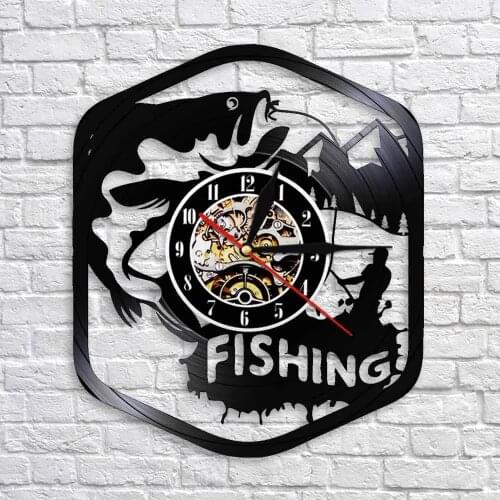Fish Fishing Wall Art Clock Silent Vintage Vinyl Record Wall Clock Fisherman Man Cave Home Decor Fisherman Fishing Lovers Gift
