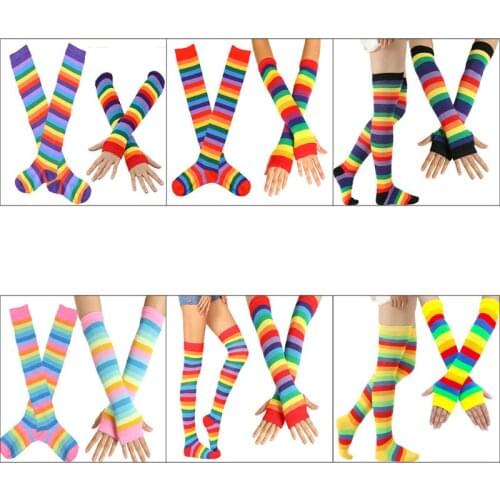 Rainbow Stripes Thigh High Socks, Arm Warmer Fingerless Gloves for Fancy Dress Cosplay, Masquerade Party Costume